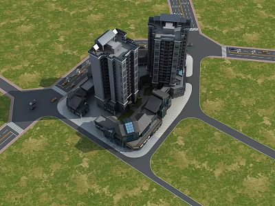 Modern Commercial Street Featuring High Rise Buildings Central Road Layout And Green Areas 3d model