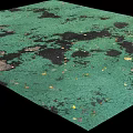 Worn Green Damaged Ground With Black Patches Scattered Colorful Debris And Cracks