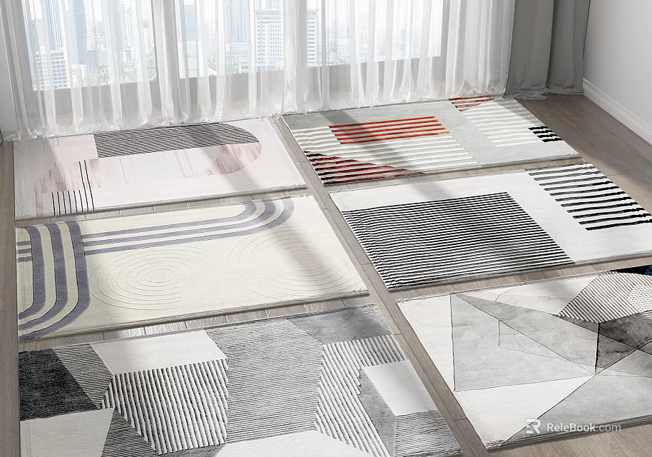 Modern Square Rugs With Geometric Patterns And Colors Laid On Wooden Floor For Home Decor 3d model 
