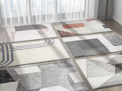 Modern Square Rugs With Geometric Patterns And Colors Laid On Wooden Floor For Home Decor 3d model