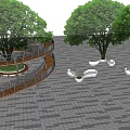 Curved Wooden Outdoor Staircase With Large Trees And Paved Ground Connecting Areas