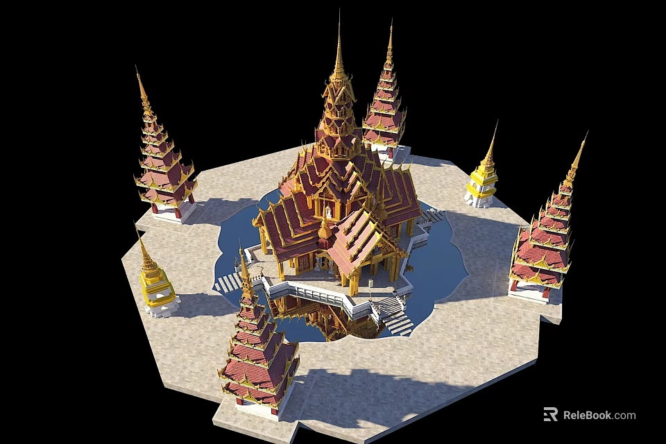 Traditional Thai Pagoda Complex With Golden Spires Red Accents And Circular Water Platform 3d model 
