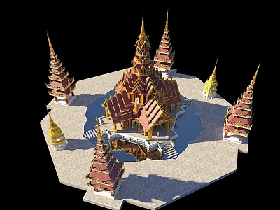 Traditional Thai Pagoda Complex With Golden Spires Red Accents And Circular Water Platform 3d model