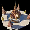 Traditional Thai Pagoda Complex With Golden Spires Red Accents And Circular Water Platform