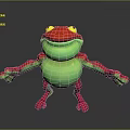 A 3D Red And Green Cartoon Frog With Yellow Eyes Standing Arms Outstretched
