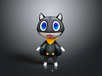 Cute Cartoon Cat Character With Big Blue Eyes Black Body White Ears And Yellow Scarf 3d model