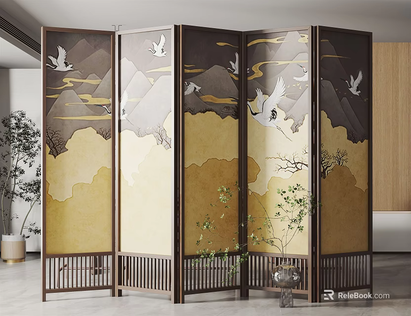 Folding Wooden Room Divider With Crane And Landscape Painting For Modern Interior 3d model 