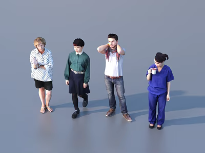 Group of four people standing in different casual and professional outfits together 3d model