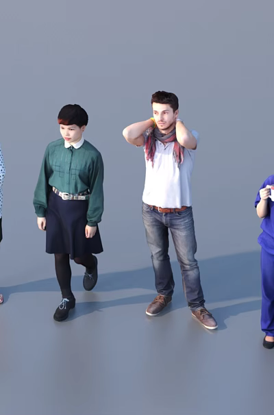 Group of four people standing in different casual and professional outfits together 3d model