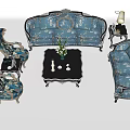 Classic Blue Floral Pattern Sofa And Coffee Table Set With Matching Armchairs 3d model