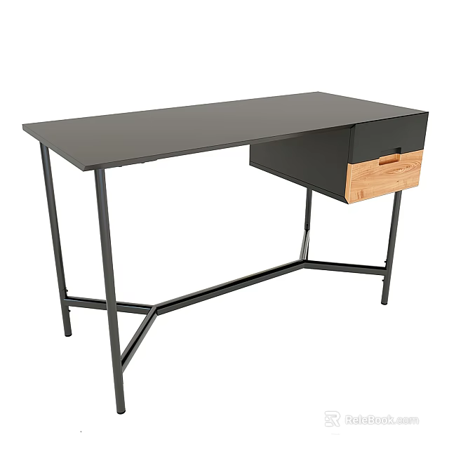 Stylish Modern Desk with Black Tabletop Wooden Drawer Front and Metal Legs 3d model 