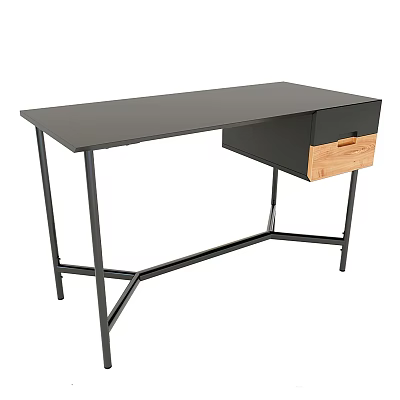 Stylish Modern Desk with Black Tabletop Wooden Drawer Front and Metal Legs 3d model