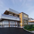 Modern Commercial Building Exterior Landscape With Glass Facade Greenery And Trees