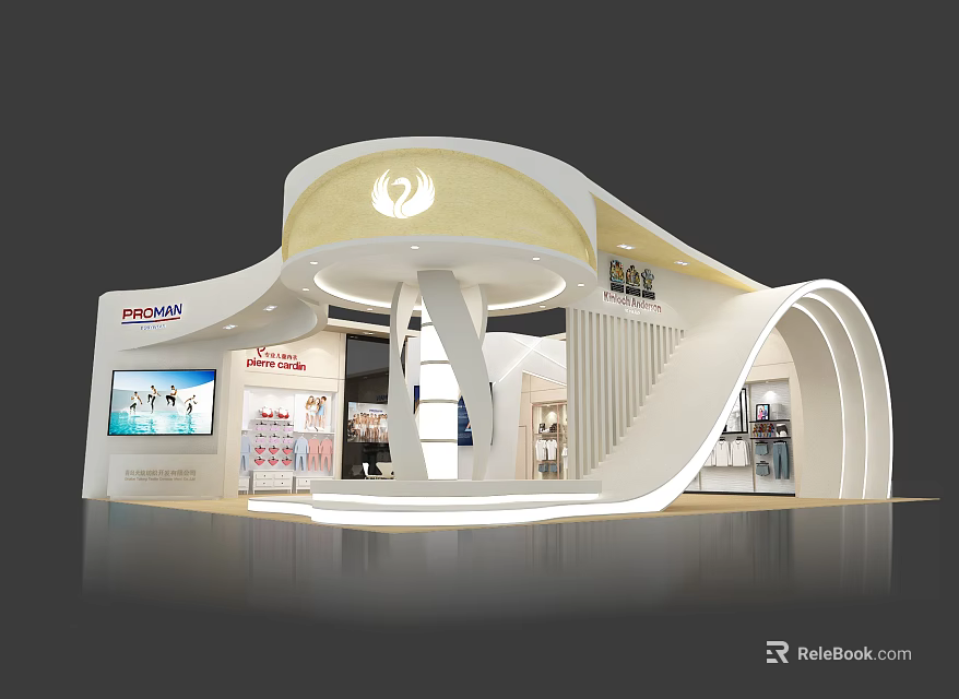 Modern Exhibition Booth With Curved Structure Circular Logo And Product Display Area 3d model 