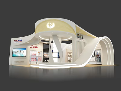 Modern Exhibition Booth With Curved Structure Circular Logo And Product Display Area 3d model