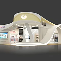 Modern Exhibition Booth With Curved Structure Circular Logo And Product Display Area