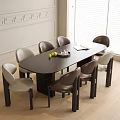 Modern Dark Wood Dining Table With Gray Brown Chairs And Fruit Tray In Bright Room