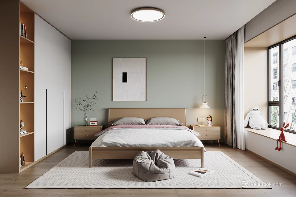 Modern Bedroom Interior Featuring Green Wall Wooden Bed Bedside Tables Lamps And Area Rug 3d model 