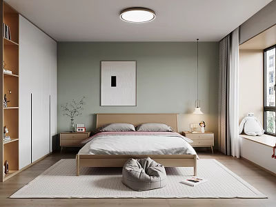 Modern Bedroom Interior Featuring Green Wall Wooden Bed Bedside Tables Lamps And Area Rug 3d model