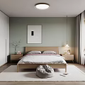 Modern Bedroom Interior Featuring Green Wall Wooden Bed Bedside Tables Lamps And Area Rug