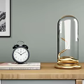 Ornament Decor Combination With Black Alarm Clock Golden Glass Dome And Books On Wooden Tabletop