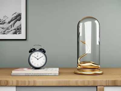 Ornament Decor Combination With Black Alarm Clock Golden Glass Dome And Books On Wooden Tabletop 3d model