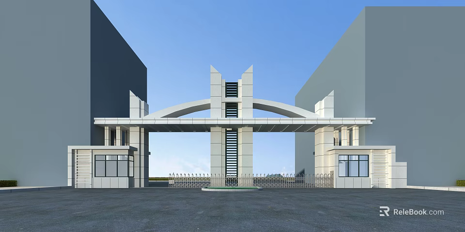 Modern Grand Entrance Gate With Arch Design Flanked by Tall Buildings Decorative Columns 3d model 