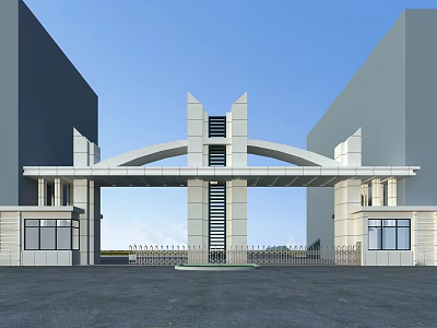 Modern Grand Entrance Gate With Arch Design Flanked by Tall Buildings Decorative Columns 3d model