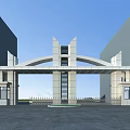 Modern Grand Entrance Gate With Arch Design Flanked by Tall Buildings Decorative Columns
