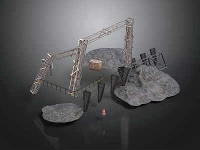 Industrial Construction Scene Components With Metal Frame Rocks Wooden Crate And Traffic Cone 3d model