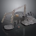 Industrial Construction Scene Components With Metal Frame Rocks Wooden Crate And Traffic Cone