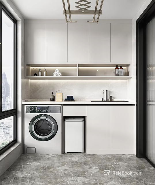 Modern Home Balcony Design With Washing Machine White Cabinets Sink Storage Shelves And City View 3d model 