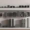 Modern Headphones and Speakers Collection Displayed on Shelves with Various Designs
