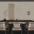 Chinese Style Tea Table and Chairs with Tea Set Green Plant Calligraphy and Lantern