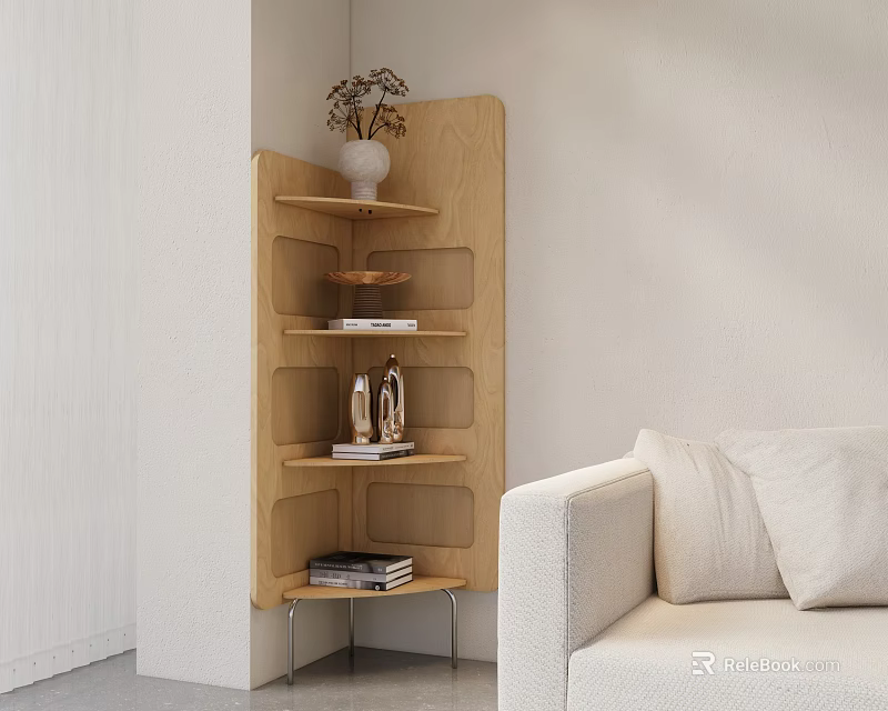 Modern Wooden Corner Bookcase with Shelves Books and Decorations Next to Sofa 3d model 