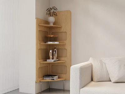 Modern Wooden Corner Bookcase with Shelves Books and Decorations Next to Sofa 3d model