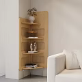 Modern Wooden Corner Bookcase with Shelves Books and Decorations Next to Sofa