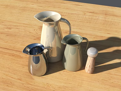 Silver Light Green White Milk Jugs Water Pitcher and Wooden Pepper Grinder on Wooden Table 3d model