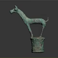 Ancient Bronze Animal Sculpture With Greenish Patina Standing On Cylindrical Pedestal Base