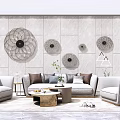 Modern Sofa And Coffee Table Set With Decorative Wall Art Throw Pillows And Rug