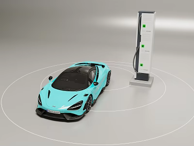 Light blue sports car parked near electric charging station with circular lines 3d model
