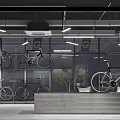Industrial Style Bicycle Store Interior Design with Green Plant Bicycle Decorations and Modern Counter