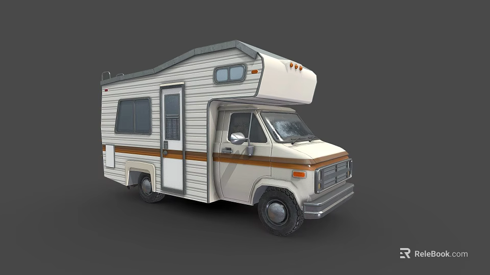 White Camper Van With Brown Stripes Windows And Roof Top Section 3d model 