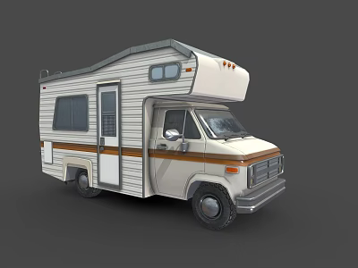 White Camper Van With Brown Stripes Windows And Roof Top Section 3d model