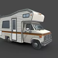White Camper Van With Brown Stripes Windows And Roof Top Section
