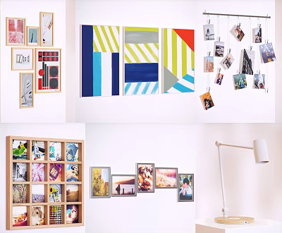 Creative Photo Wall Decor With Various Frames Hanging Photos And Wooden Grid Shelves 3d model