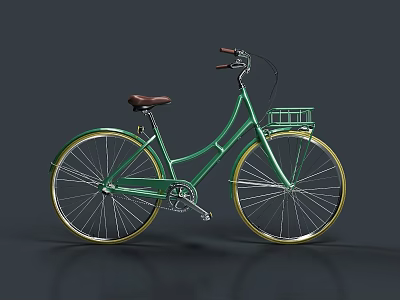Green Vintage Bicycle With Brown Seat Front Basket And Gold Wheels 3d model