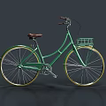 Green Vintage Bicycle With Brown Seat Front Basket And Gold Wheels