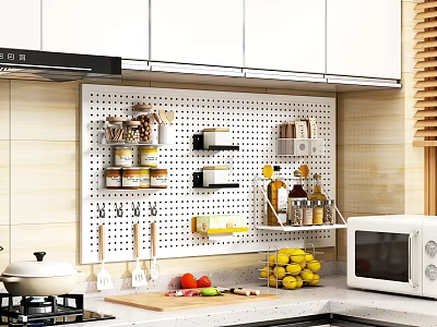 Organized Kitchen With Perforated Board Holding Utensils Spice Jars Fresh Fruits On Countertop Microwave And Gas Stove 3d model