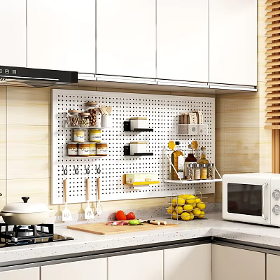 Organized Kitchen With Perforated Board Holding Utensils Spice Jars Fresh Fruits On Countertop Microwave And Gas Stove 3d model